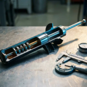 Cutaway automotive shock absorber displaying internal piston and valve components on metallic workshop surface with precision tools