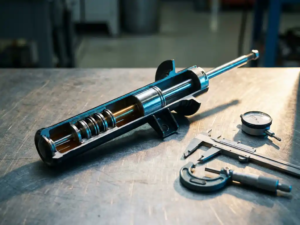 Cutaway automotive shock absorber displaying internal piston and valve components on metallic workshop surface with precision tools