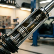 Cutaway shock absorber displaying internal piston and compression chamber with chrome and black components in automotive workshop
