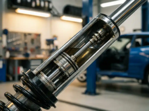 Cutaway shock absorber displaying internal piston and compression chamber with chrome and black components in automotive workshop