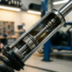 Cutaway shock absorber displaying internal piston and compression chamber with chrome and black components in automotive workshop