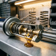 Cutaway shock absorber showing golden viscous oil flowing through internal valving chambers on aluminum workbench in suspension workshop