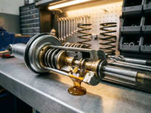 Cutaway shock absorber showing golden viscous oil flowing through internal valving chambers on aluminum workbench in suspension workshop