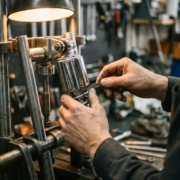Mechanic's hands adjusting chrome shock absorber with specialized tool in professional suspension test rig workshop