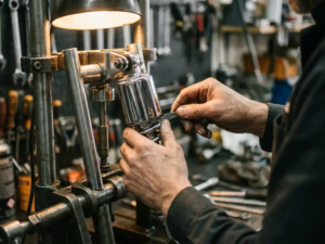 Mechanic's hands adjusting chrome shock absorber with specialized tool in professional suspension test rig workshop