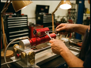 Mechanic's hands adjusting red anodized shock absorber with precision tools in professional suspension tuning rig