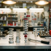 Silver shock absorber with red adjustment knobs on aluminum workbench surrounded by suspension tuning tools and spring coils