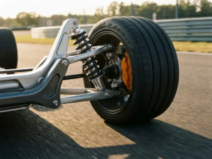 Sports car rear suspension with chrome shock absorber and coil spring during high-speed cornering, orange brake caliper visible