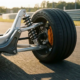 Sports car rear suspension with chrome shock absorber and coil spring during high-speed cornering, orange brake caliper visible