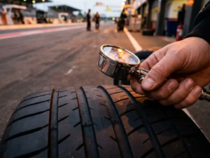 Chrome tire pressure gauge measuring racing tire valve stem with mechanic's gloved hand on blurred pit lane asphalt