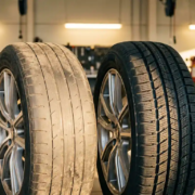 Worn car tire with shallow tread next to new tire with deep grooves on alloy wheels in automotive workshop