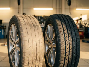 Worn car tire with shallow tread next to new tire with deep grooves on alloy wheels in automotive workshop