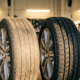 Worn car tire with shallow tread next to new tire with deep grooves on alloy wheels in automotive workshop
