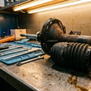 Worn car shock absorber with oil leakage and damaged rubber boot on automotive workshop bench with precision tools nearby