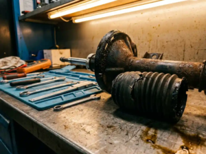 Worn car shock absorber with oil leakage and damaged rubber boot on automotive workshop bench with precision tools nearby